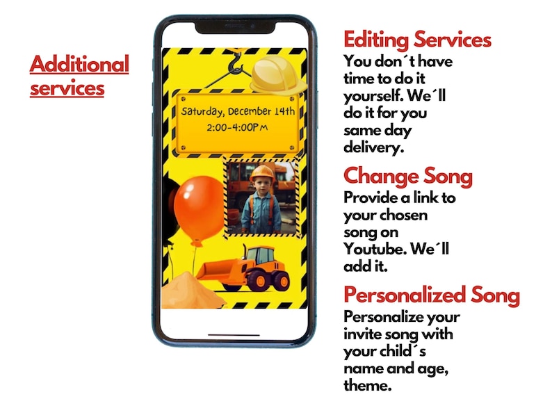May include: A digital invitation for a construction-themed birthday party. The invitation features a yellow background with black and yellow caution tape, a construction crane, a toy dump truck, a pile of sand, and a red balloon. The invitation also includes a photo of a child wearing a construction worker costume. The text on the invitation reads "Saturday, December 14th 2:00-4:00PM".