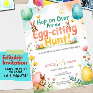 Invitación para fiesta de búsqueda de huevos, invitación para fiesta de Pascua, plantilla editable de Canva, invitación para celebración de primavera, búsqueda de huevos de Pascua personalizable