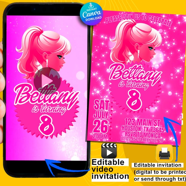 Pink Doll Animated birthday invitations 1 video invite & 1 printable invitation both editable in canva get them instantly after purchase