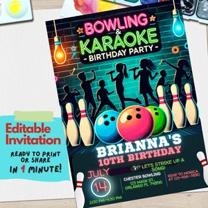 Convite personalizado para festa de aniversário de boliche e karaokê | Convite de aniversário divertido e exclusivo | Modelo editável para impressão, Bowling Karaoke Showdown