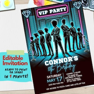 VIP-Party Einladung Vorlage | Bearbeitbar Geburtstag einladen Canva Design | Luxus Gold Exclusive Theme für Jugendliche & Kinder, Neon Geburtstag