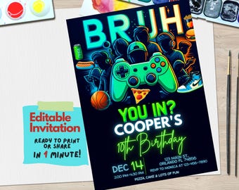 BRUH YOU IN? Neon Gamer Birthday Invitation | Editable Canva Template with Bold Neon Lights for High-Energy Gaming Parties | Gamer Invite