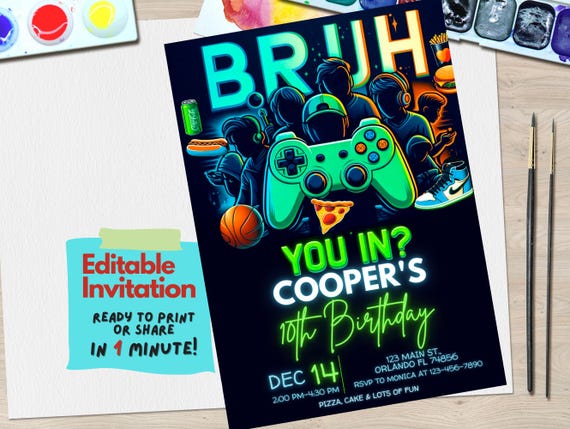 BRUH YOU IN? Neon Gamer Birthday Invitation | Editable Canva Template with Bold Neon Lights for High-Energy Gaming Parties | Gamer Invite