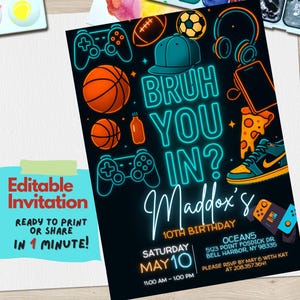 Vous aimez ? Invitation à une fête d'anniversaire pour adolescents pour garçons | Modèle de toile modifiable pour jeux vidéo, basketball, pizza et musique | Fête urbaine de style préado