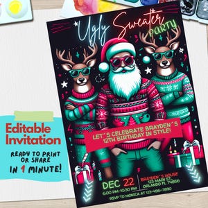 Convite editável para festa de suéter feio - Modelo divertido de convite para festa de Natal - Download digital para comemorações de feriados