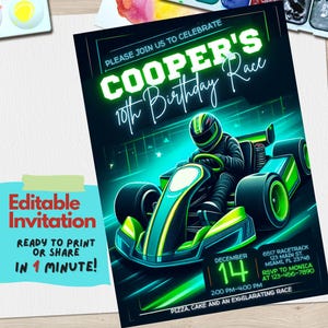 Go-Kart-Einladung zum Geburtstag | Bearbeitbare Canva Vorlage | Racing Party-Thema | Kinder Geburtstag druckbare einladen, anpassbare Go Kart Racing