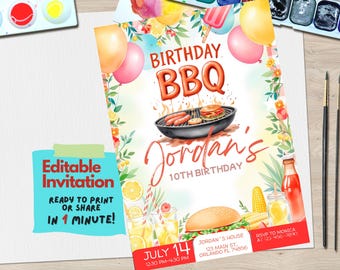 May include: Editable birthday party invitation with a watercolor illustration of a grill, hot dogs, hamburgers, lemonade, corn on the cob, and balloons. The text reads "Birthday BBQ Jordan's 10th Birthday July 14 12:30 PM-4:30 PM Jordan's House 123 Main St. Orlando FL 74856 RSVP to Monica at (23) 456-7891".