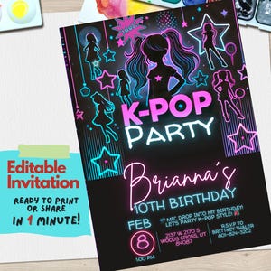 Bearbeitbare K-Pop Geburtstagseinladung | Digitale K-Pop Star Party Einladung für Teens & Tweens | Sofortdownload | Koreanisches Pop-Thema