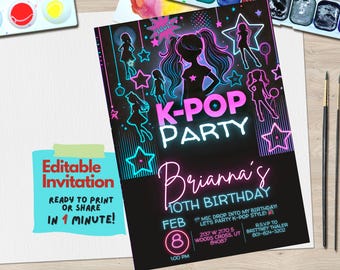May include: Editable K-Pop party invitation with a neon pink and blue design. The invitation features a silhouette of a girl with pigtails and the text "Brianna's 10th Birthday".