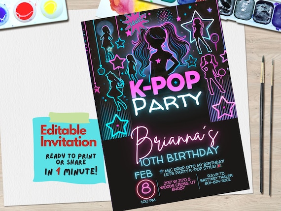 K-POP タレントカード Invitation Editable K-pop Birthday Invitation | Digital K-pop Star Party