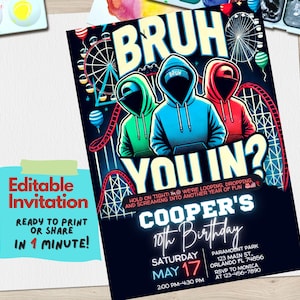 Convite para festa de aniversário de montanha-russa | Modelo editável do Canva | Tema Bruh You In? | Convite para festa de parque de diversões | Aniversário de crianças e adolescentes