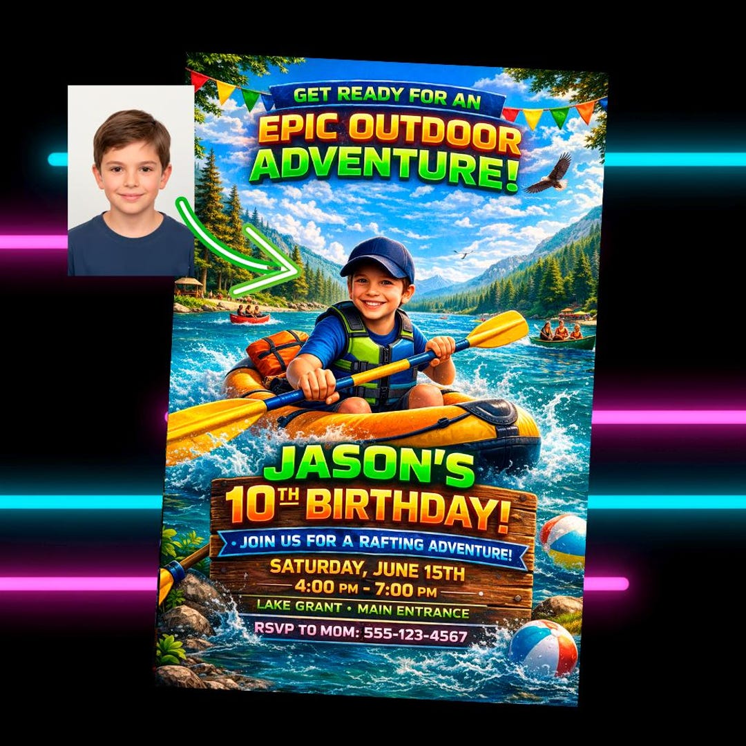 Outdoor Camping Photo Birthday Invite | Rafting Party | Personalized ...