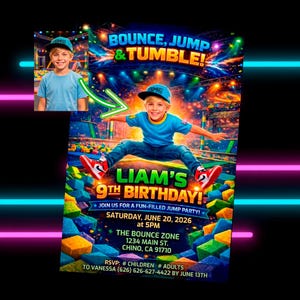 Puede incluir: Una colorida invitación de cumpleaños con el texto "BOUNCE, JUMP & TUMBLE!" y "LIAM'S 9TH BIRTHDAY!". La invitación muestra a un niño saltando en una casa de rebote. Incluye detalles de la fiesta.