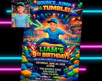 Trampoline Park Photo Birthday Invite | Glow Jump Party Invitation | Personalized Bouncing Card