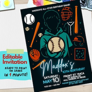 Convite para festa de aniversário de beisebol | Modelo editável do Canva | Convite para festa esportiva para meninos | Download digital | Tema de beisebol infantil ou pré-adolescente