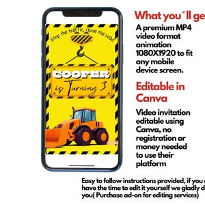 May include: A digital video invitation for a construction-themed birthday party. The invitation features a yellow construction vehicle and a sign that says "Cooper is Turning 3". The invitation is editable in Canva.