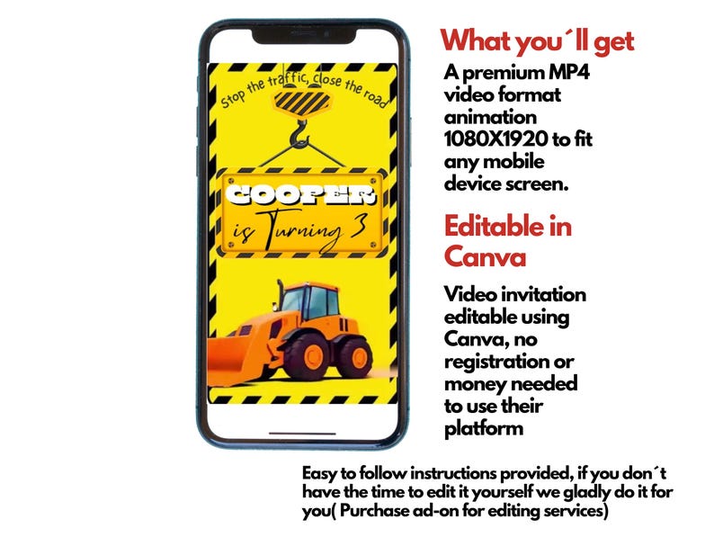 May include: A digital video invitation for a construction-themed birthday party. The invitation features a yellow construction vehicle and a sign that says "Cooper is Turning 3". The invitation is editable in Canva.