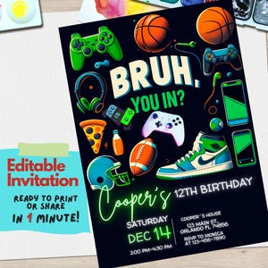 Fratello, sei dentro? Invito per festa di compleanno per adolescenti – Modello Canva modificabile a tema gioco, basket, pizza e musica per ragazzi