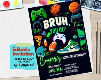 Bruh You In? Teen Birthday Party Invitation – Gaming, Basketball, Pizza, and Music-Themed Editable Canva Template for Boys