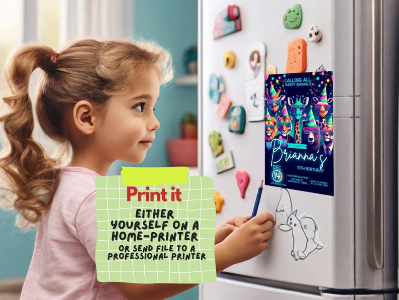 Party Animals Birthday Invitation Editable Template for Kids | Customizable Canva Invite for Fun Animal-Themed Party, Neon Any Age invite image 4