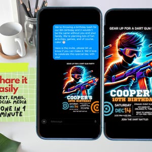 May include: A digital invitation for a 10th birthday party with a neon blue and orange color scheme. The invitation features a boy holding a toy gun and the text "Cooper's 10th Birthday". The invitation also includes the date and time of the party, as well as the location and RSVP information.
