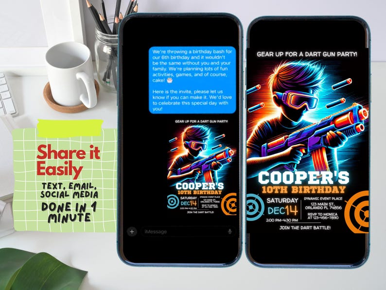 May include: A digital invitation for a 10th birthday party with a neon blue and orange color scheme. The invitation features a boy holding a toy gun and the text "Cooper's 10th Birthday". The invitation also includes the date and time of the party, as well as the location and RSVP information.