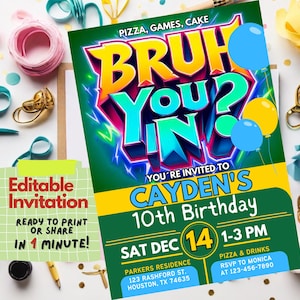 Convite de aniversário Bruh, qualquer idade, qualquer tema, modelo digital, convite para festa editável, download instantâneo, cartão de aniversário para impressão, grafite legal