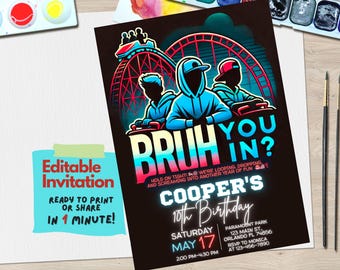 Convite para festa de aniversário de montanha-russa | Modelo editável do Canva | Tema Bruh You In? | Convite para festa de parque de diversões | Aniversário de crianças e adolescentes