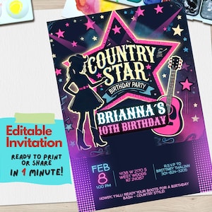 Country Star Birthday Invitation, Western Party Invite, Editable Canva Template, Rustic Cowboy Theme, Digital Download girl Birthday Party