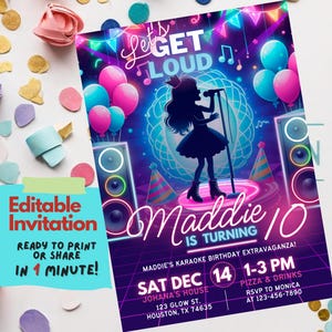 Karaoke Birthday Invite Editable in Canva, Singing Party Invitation, Pink Music-Themed Birthday Template for Girl, Karaoke Birthday party