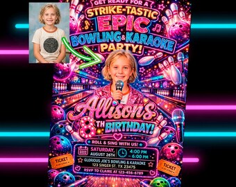 Custom Bowling and Karaoke Birthday Invitation with Photo, Neon Strike and Sing Party Invite, Personalized Girls Pop Star Bowling Party