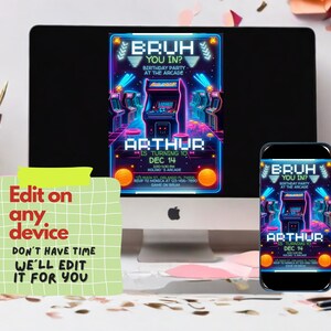 Puede incluir: Una invitaci&oacute;n digital para una fiesta de cumplea&ntilde;os con un tema de arcade retro. La invitaci&oacute;n presenta un juego de arcade de colores ne&oacute;n con el texto "Bruh You In?" y "Arthur cumple 10 a&ntilde;os".