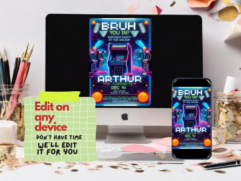 Puede incluir: Una invitaci&oacute;n digital para una fiesta de cumplea&ntilde;os con un tema de arcade retro. La invitaci&oacute;n presenta un juego de arcade de colores ne&oacute;n con el texto "Bruh You In?" y "Arthur cumple 10 a&ntilde;os".
