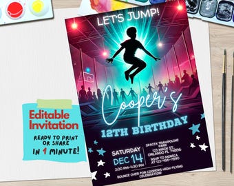 Editable Trampoline Park Birthday Invitation Template | Jump Party Invite for Kids | Custom Digital Canva Download for Boys, Jump party