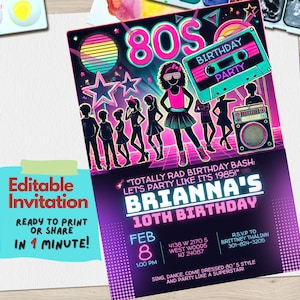 Faire-part d'anniversaire des années 80, néon rétro modifiable, célébration sur le thème des années 80, téléchargement numérique, modèle de toile, costume