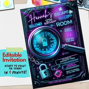Escape Room verjaardagsuitnodiging bewerkbaar in canvas, sjabloon voor mysteriepuzzel feestuitnodiging, thema avontuur kinderen, elke leeftijd, uitnodiging voor meisjes