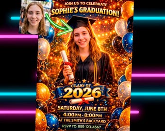 Class of 2026 Graduation Invitation, Chic Gold & Navy, Editable Photo Option, Backyard Garden Theme, Grad Invite for High School or College