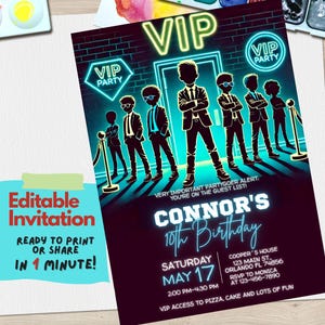 VIP-Party Einladung Vorlage | Bearbeitbar Geburtstag einladen Canva Design | Luxus Gold Exclusive Theme für Jugendliche & Kinder, Neon Geburtstag