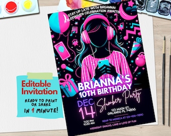 Invitación de cumpleaños editable para fiesta de pijamas / Invitación digital para fiesta de pijamas para niñas / Plantilla para fiesta de pijamas / Descarga instantánea