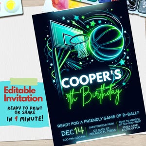 Modèle d'Invitation d'anniversaire de basket-ball, invitation de fête de basket-ball modifiable, Invitation de fête d'anniversaire à thème Slam Dunk, téléchargement numérique