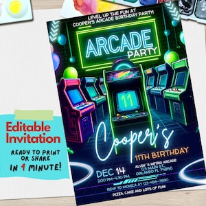 Modelo de convite de aniversário de fliperama - Design Canva editável para festa com tema de jogo retrô, perfeito para jovens jogadores e fãs de fliperama, fliperama