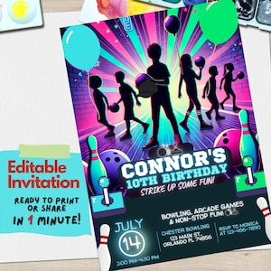Invito di compleanno per bowling e sala giochi / Festa di bowling luminoso / Tema videogioco / Invito di compleanno per bambini adolescenti / Download digitale