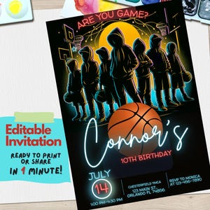Basketball Hoop Birthday Invitation Template - Customizable Sports Party Invite - Editable Basketball Theme Design, Instant Digital Download