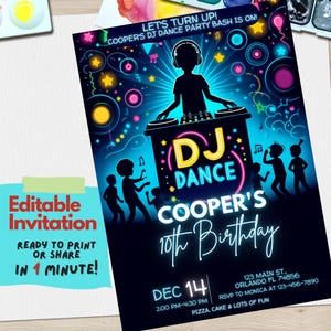 Convite de aniversário para festa de dança com DJ Convite de aniversário para festa de dança com DJ – Digital para impressão, download digital editável, personalizado