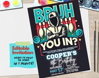 Bowling Birthday Party Invitation Template | Editable Canva Design for Kids Bowling Alley Celebration | Fun and Customizable Invite, Custom