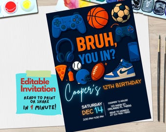 Gamer-Geburtstagseinladung für Jugendliche oder Kinder | BRUH SIE HEREIN? Motiv | Bearbeitbare Canva Vorlage | Videospiel-Party | Digitaler Download, Neon Karte