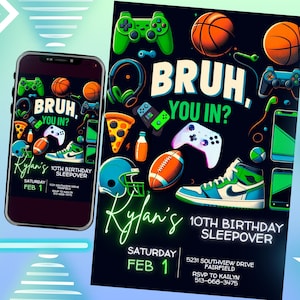 Invito di compleanno personalizzato per giocatori, basket o adolescenti "BRUH YOU IN?" / Modello Canva modificabile / Invito per feste per ragazzi e adolescenti / Digitale