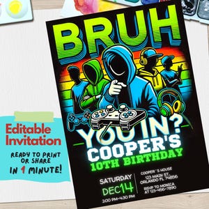 Convite para festa de aniversário de jogador, modelo editável Canva | BRUH YOU IN? Convite de aniversário de videogame para meninos, pré-adolescentes e adolescentes | Download digital