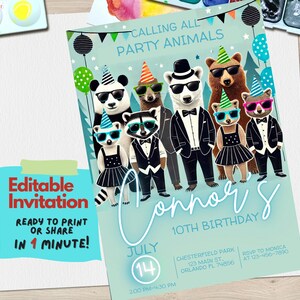 Convite de aniversário de animais de festa, convite para festa de safári na selva, tema de animal selvagem, convite editável, download, festa infantil para impressão