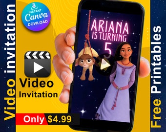 Modèle d'invitation vidéo d'invitation Disney Wish, modifiable sur Canva Video Invitations à une fête d'anniversaire Asha